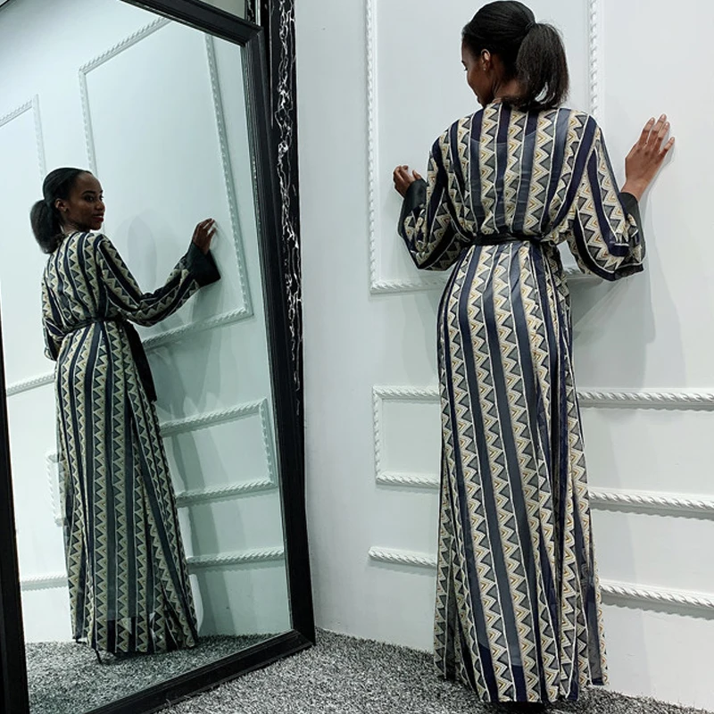 Geometrical Printing Open Kimono Abaya Cardigan Gown Long Sleeves Women Muslim Arab Dubai Turk Modest Wear Chic Dress | Тематическая