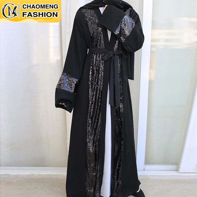 

2021 Latest Dubai Abaya Ramadan Muslim For Women Kimono Robe Middle East Sequin Stitching Fashion Turkish Islamic Clothing
