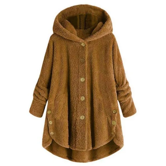 Women Fluffy Coat Loose Hoodie Sweatshirt Solid Winter Kawaii Cat Ear Hooded Hoodie Buttons Fleece Jackets Tracksuit Coat Plus
