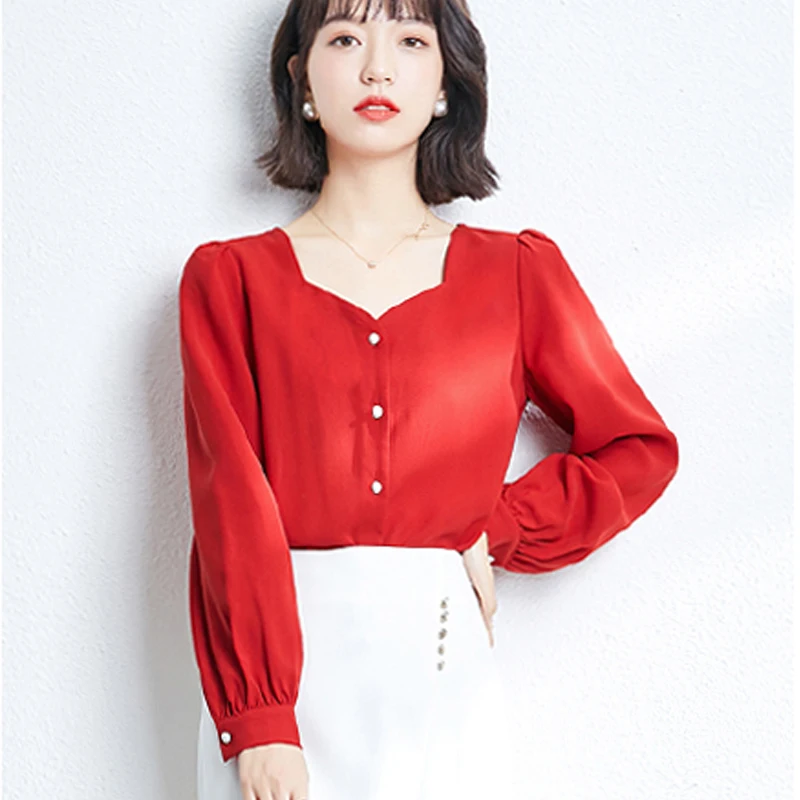

Fashion Red Lantern Sleeve Chiffon Women's Top Autumn Elegant Square Neck Loose Women's Top Fashion Solid Color Women's Top 2021