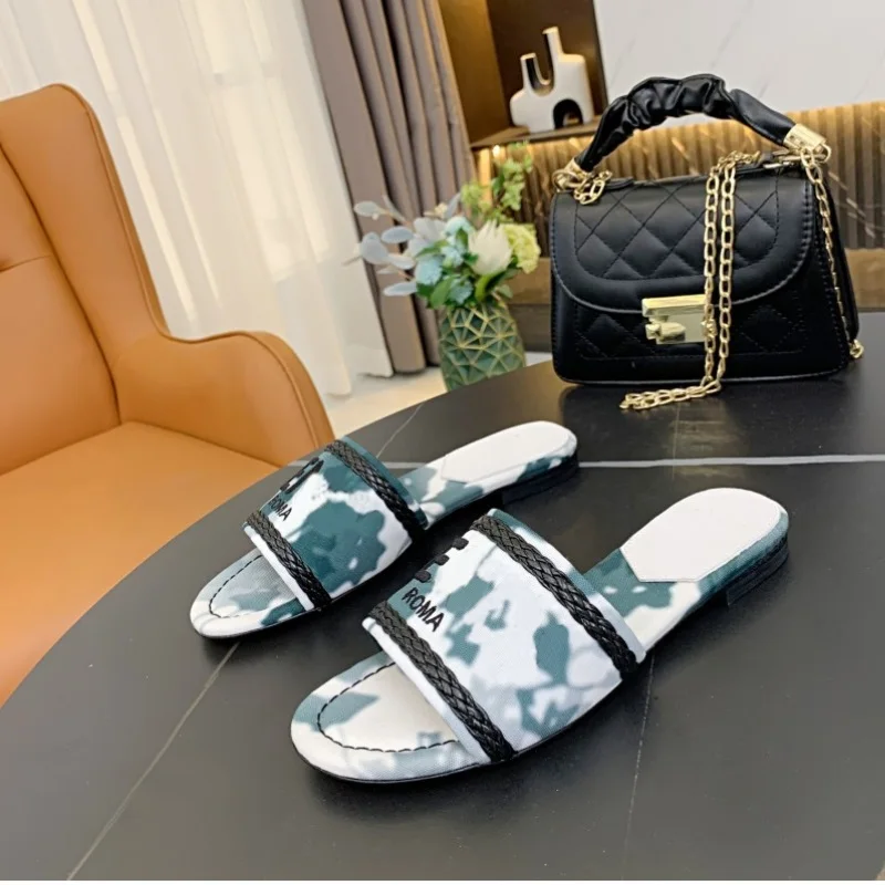 

Fashion Summer 2021 New Women's Letter Embroidery Tie-dye Gradual Change Splice Flats Female Sandals Slippers Sandy Beach Shoes