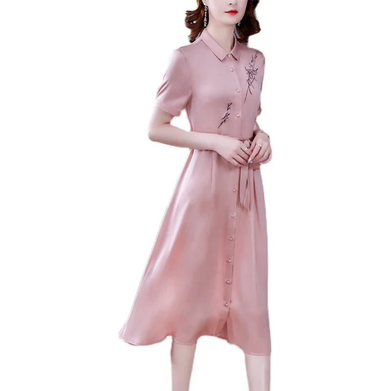 

Summer Embroidery M-4XL Plus Size Vintage Midi Dresses 2021 Casual Floral Mulberry Silk Dress Elegant Women Slim Party Vestidos