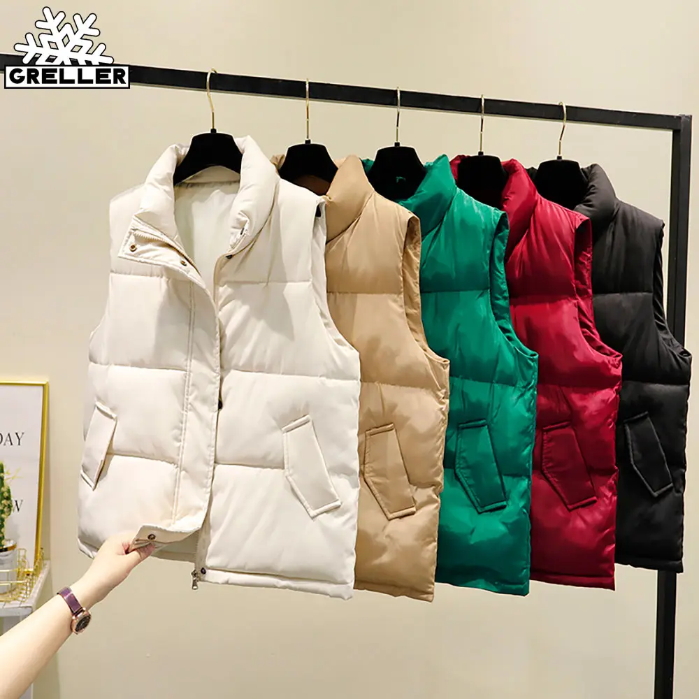 

GRELLER 2021 Winter Women Sleeveless Vest Warm Plus Size 3XL Down Cotton Padded Waistcoat Female Mandarin Collar Vest Jacket