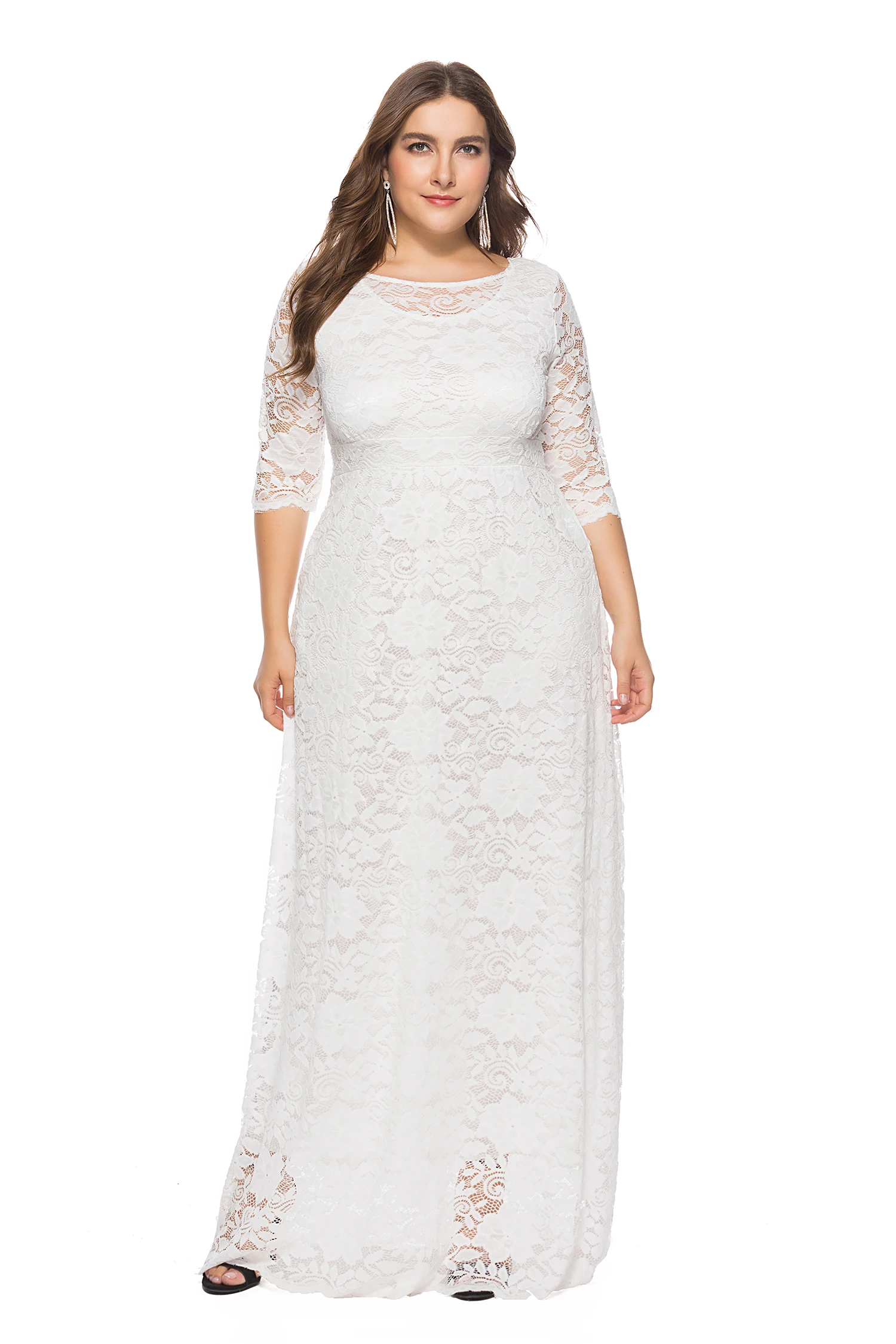 

Plus Size Women Bodycon Dress Solid Lace Casual Dress O-Neck Three Quater Sleeve High Waist Dress Party Formal Dress Vestidos