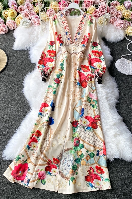 

2021 Vintage court style print V-neck slit maxi dress women's fashion elegant long sleeve single brested temperament party dress