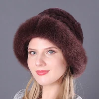 womens fahion real rex rabbit fur knitted beanies top hat real fox fur brim lady fur cap solid winter russian warm hat l