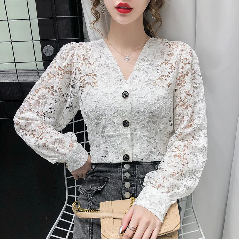 

Spring and autumn fashion V-neck lace hollow sexy women's shirt casual olstyle bubble sleeve women's top