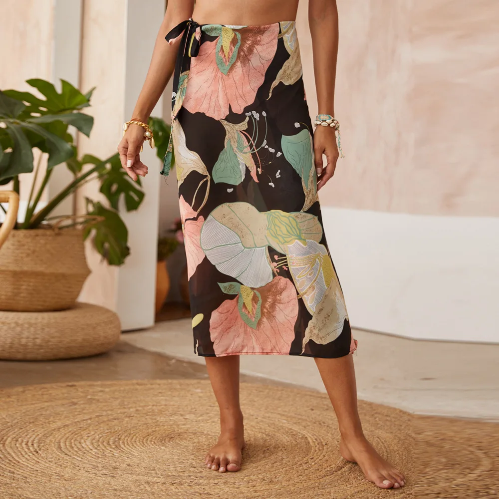 

Beach Style Bandage Wrap Skirts Summer Straight High-waist Skirts Plus Size Floral Print Maxi Skirt for Women's Clothing 2021