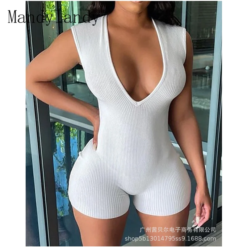 

Женский сексуальный комбинезон Mandylandy, женские летние облегающие шорты без рукавов с V-образным вырезом и высокой талией