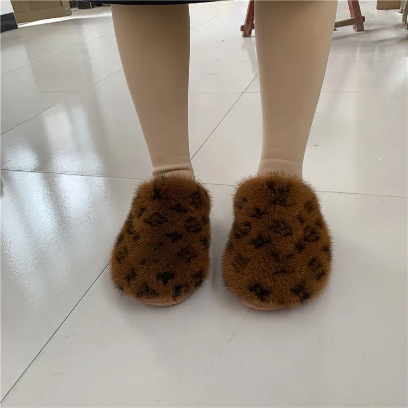

2021 Real Mink Warm ShoesLuxury Home Slippers For LadiesFuzzy Slides For MenCasual Lazy Slippers