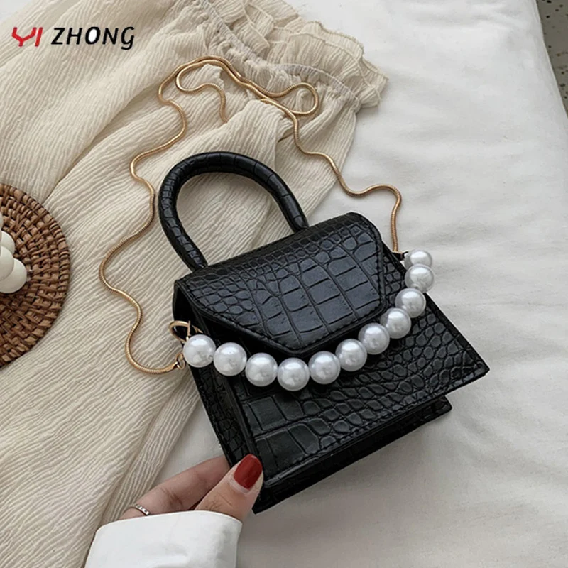 

YIZHONG Mini Pearl Crossbody Bags for Women Fashion Designer Bag Alligator Small Purses and Handbags for Daily Lady Clutch Bag
