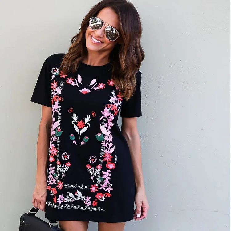 

Fashion New Style Printed Short Sleeve Slim Fit Mini Skirt Printed Black T-shirt Dress for Summer Casual Outside Wear