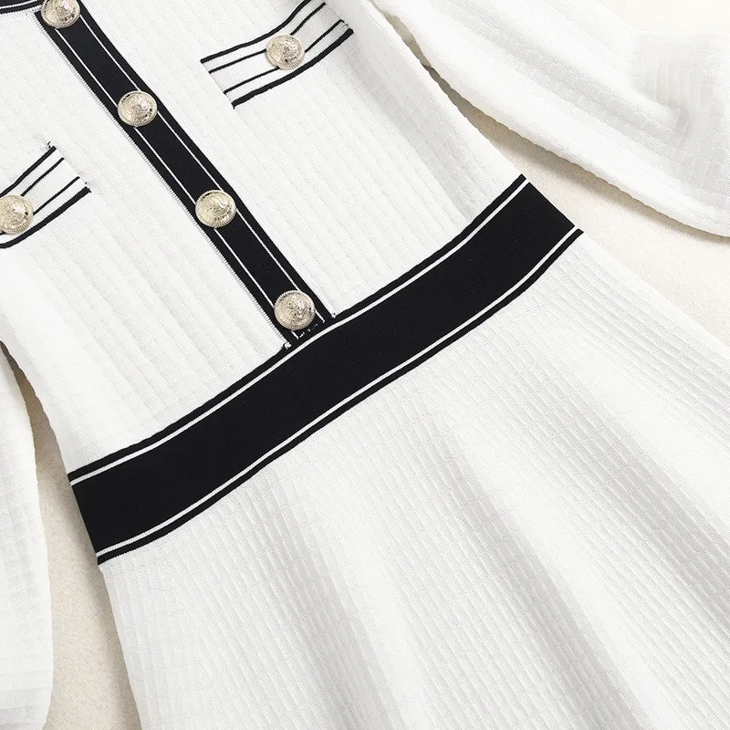 

Fashion Autumn Designer Runway Dress 2020 New Women's Long Sleeve O Neck Color Block White Black Knitted Jersey Sweater Dresses