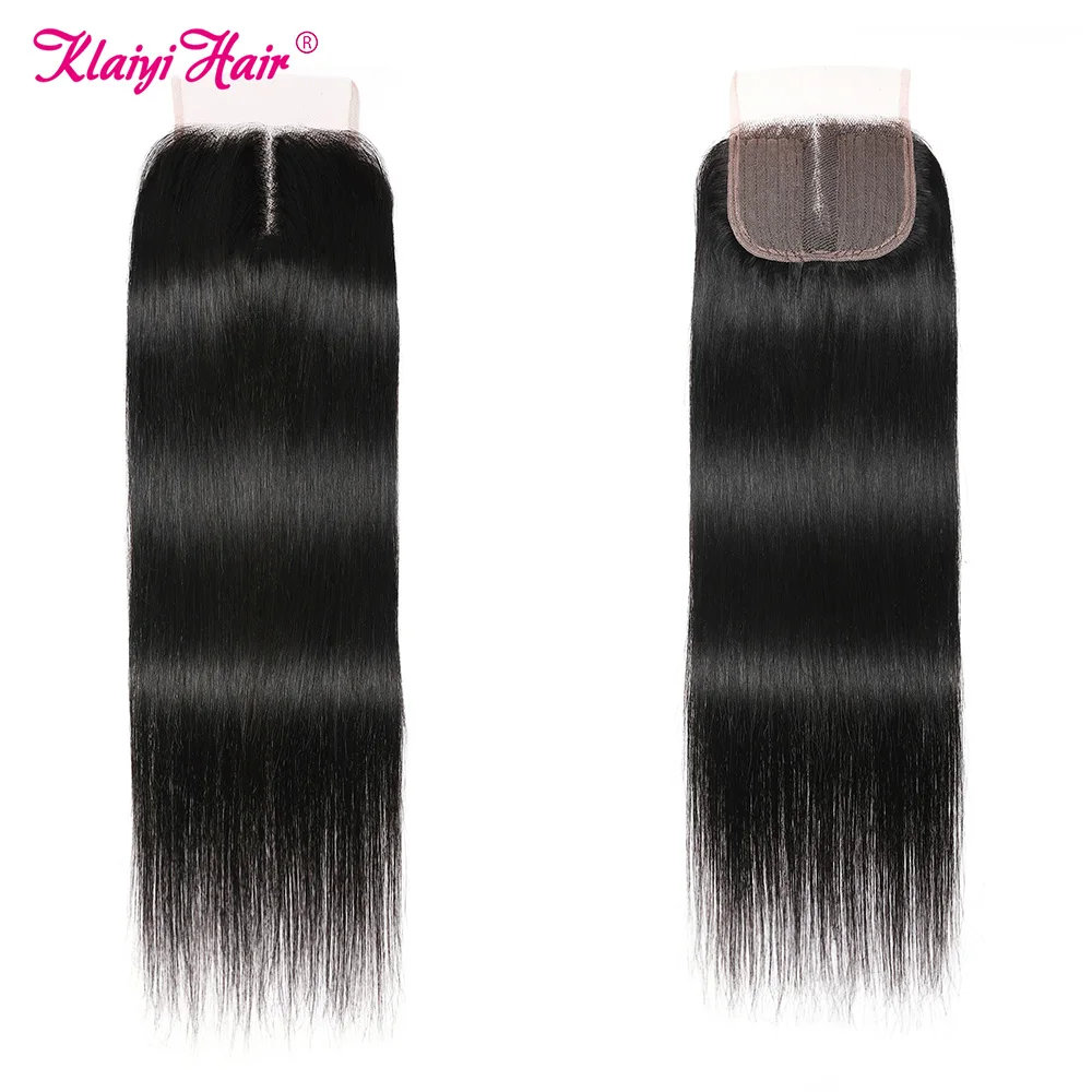 Klaiyi Hair Straight Lace Closure Middle Part Brazilian Hair 4x1 T Part Lace Closure For Women Natural Color Remy Human Hair