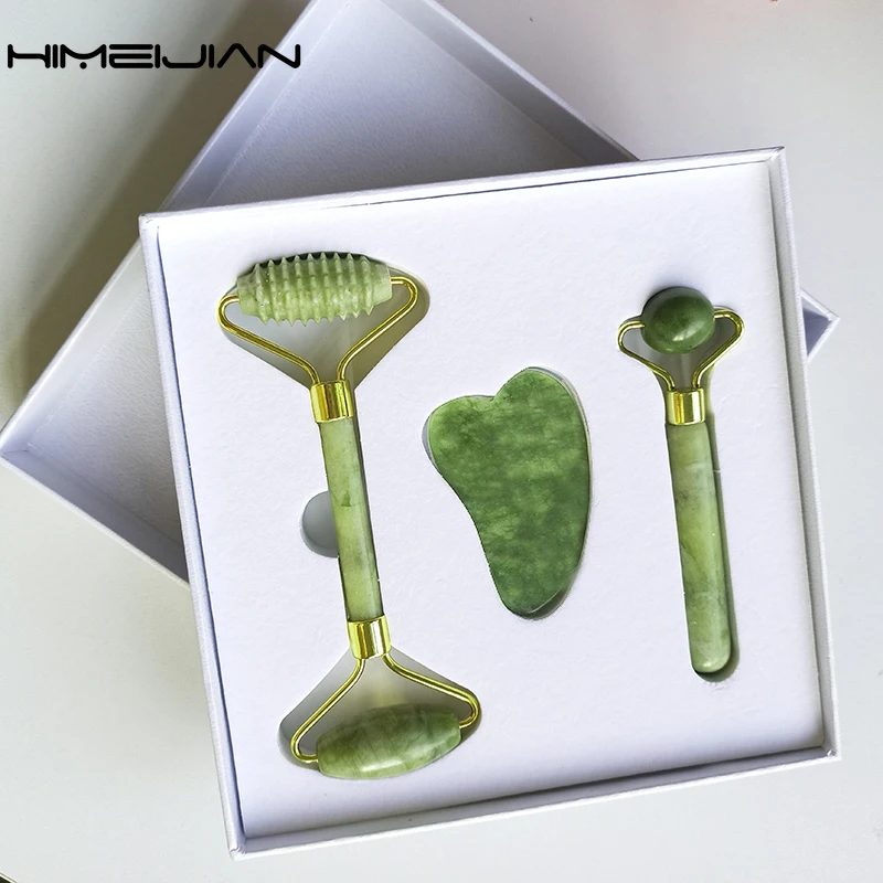 3pcs Massage Set with Gift Box Gua Sha Jade Roller Facial Natural Stone Face Massager Health Beauty SkinCare Tool |