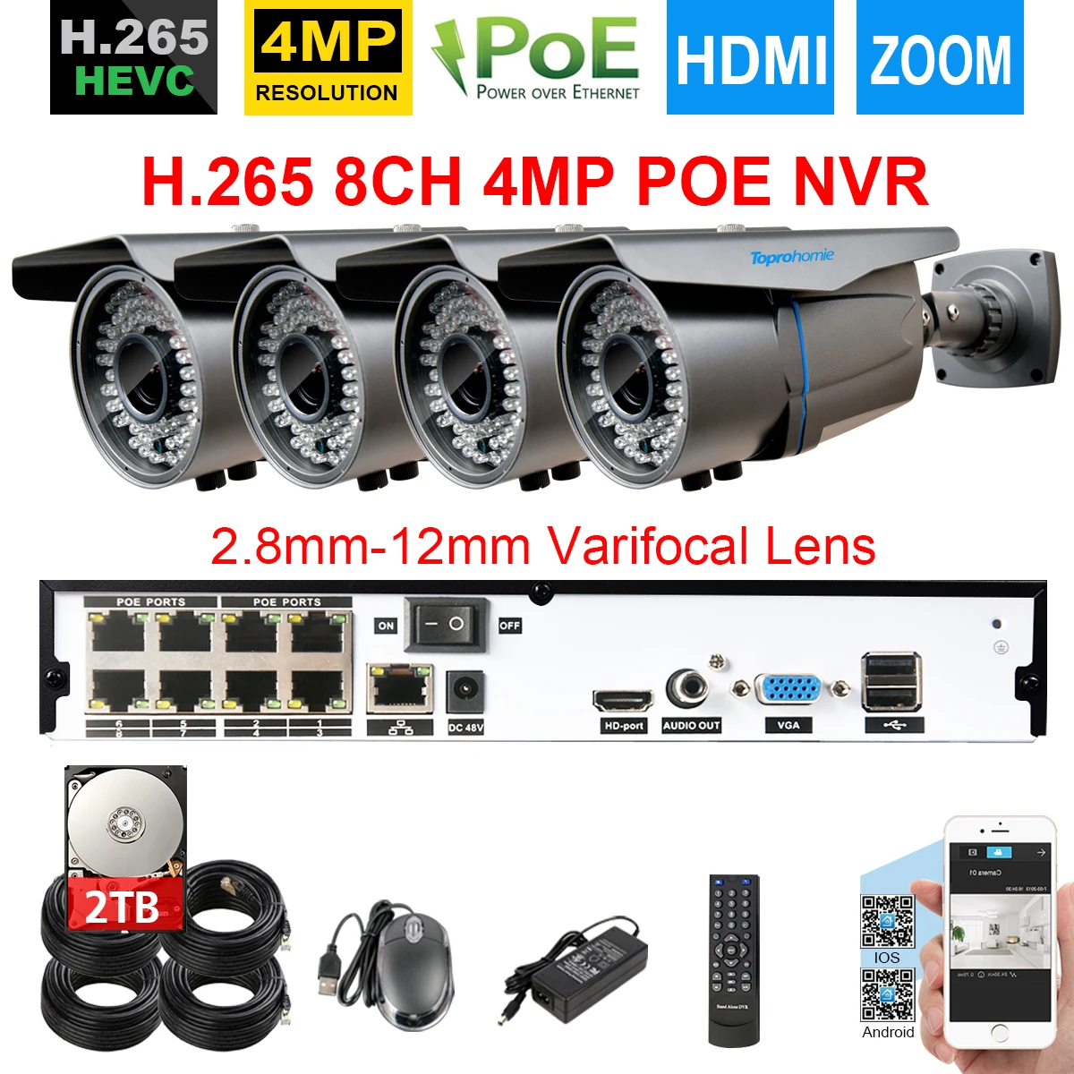 TOPROHOMIE H.265 + 8CH NVR система 5MP POE комплект 4MP IP66 водонепроницаемый 2 8 мм 12 zoom IP камера