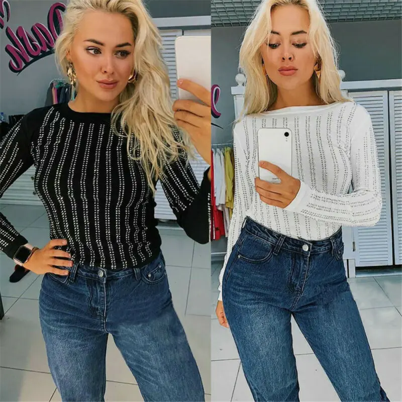 2020 блуза с длинным рукавом украшенная бисером блестящий вязаный свитер джемпер