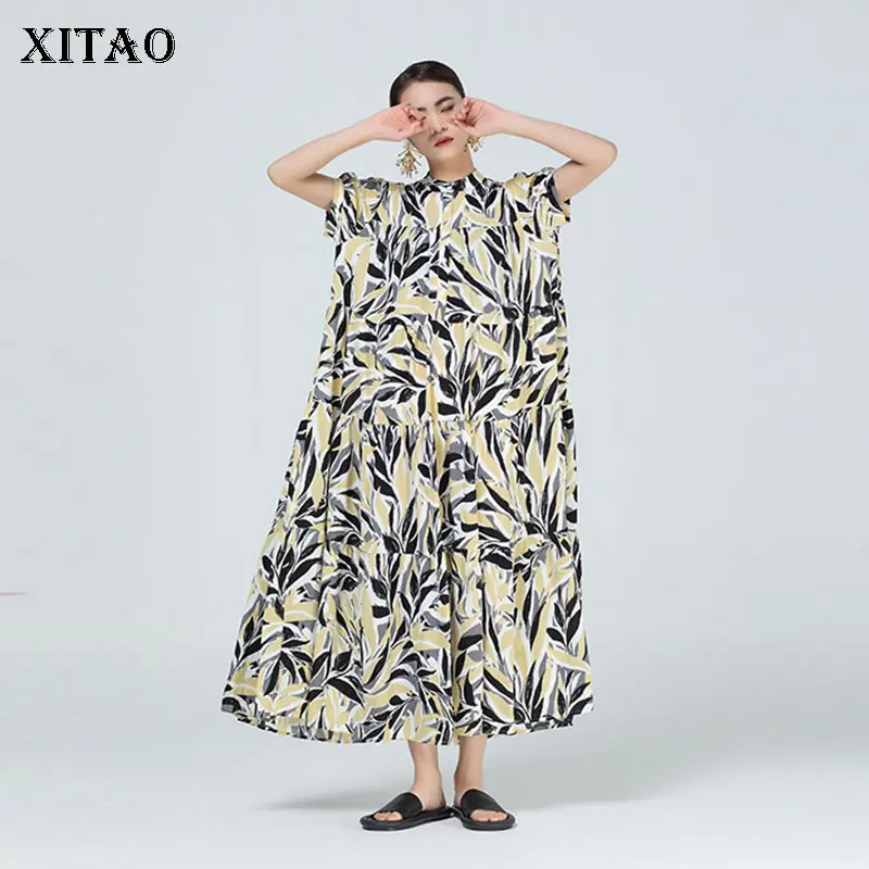 

XITAO Contrast Color Dress New Large Size Fashion Pleated Splicing Cupcake Dress Summer Casuals Loose Stand Collar WMD1274