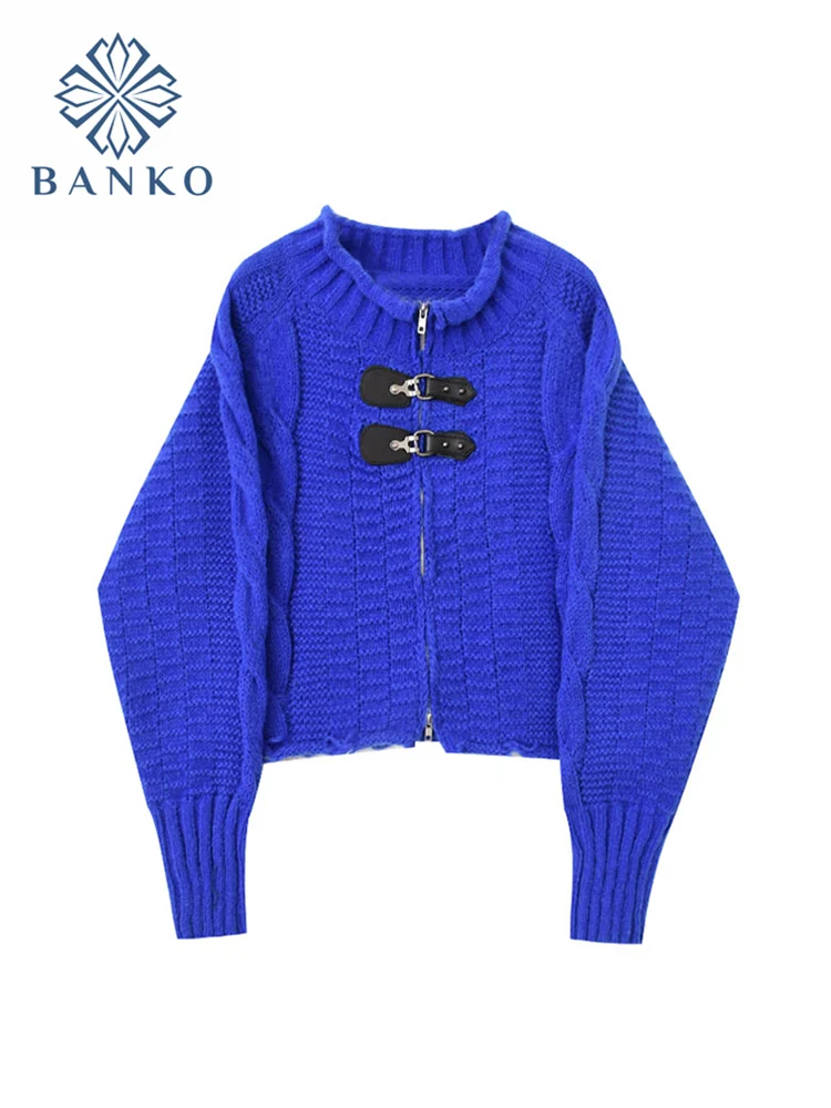 

Rhine Blue Cardigan Sweaters For Women Loose Zippers O-Neck Elegant Korean Long-Sleeved Oversized Female Knit Cardigans Coat Top