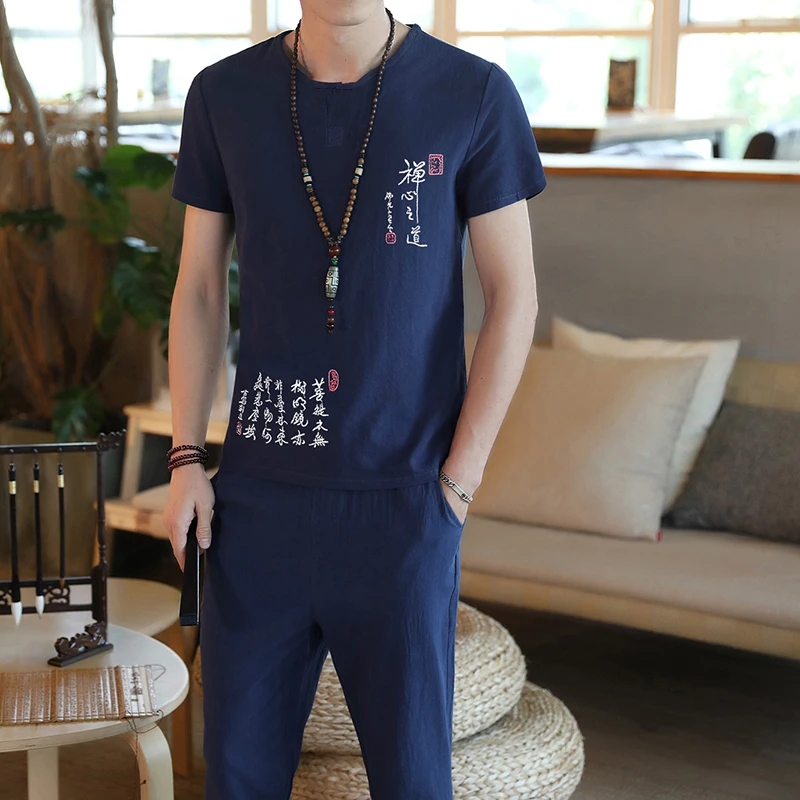 

Summer 2 Pieces Sets Chinese Style Retro Embroidery Men's Short-sleeved Suit Seven points pants Suit Cotton and Linen Fabrics