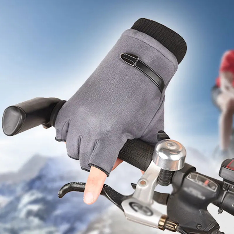 

Solid Color Suede Leather 1 Pairs Outdoor Cycling Mittens Driving Gloves Men Fingerless Gloves Winter Warm Gloves Half Finger