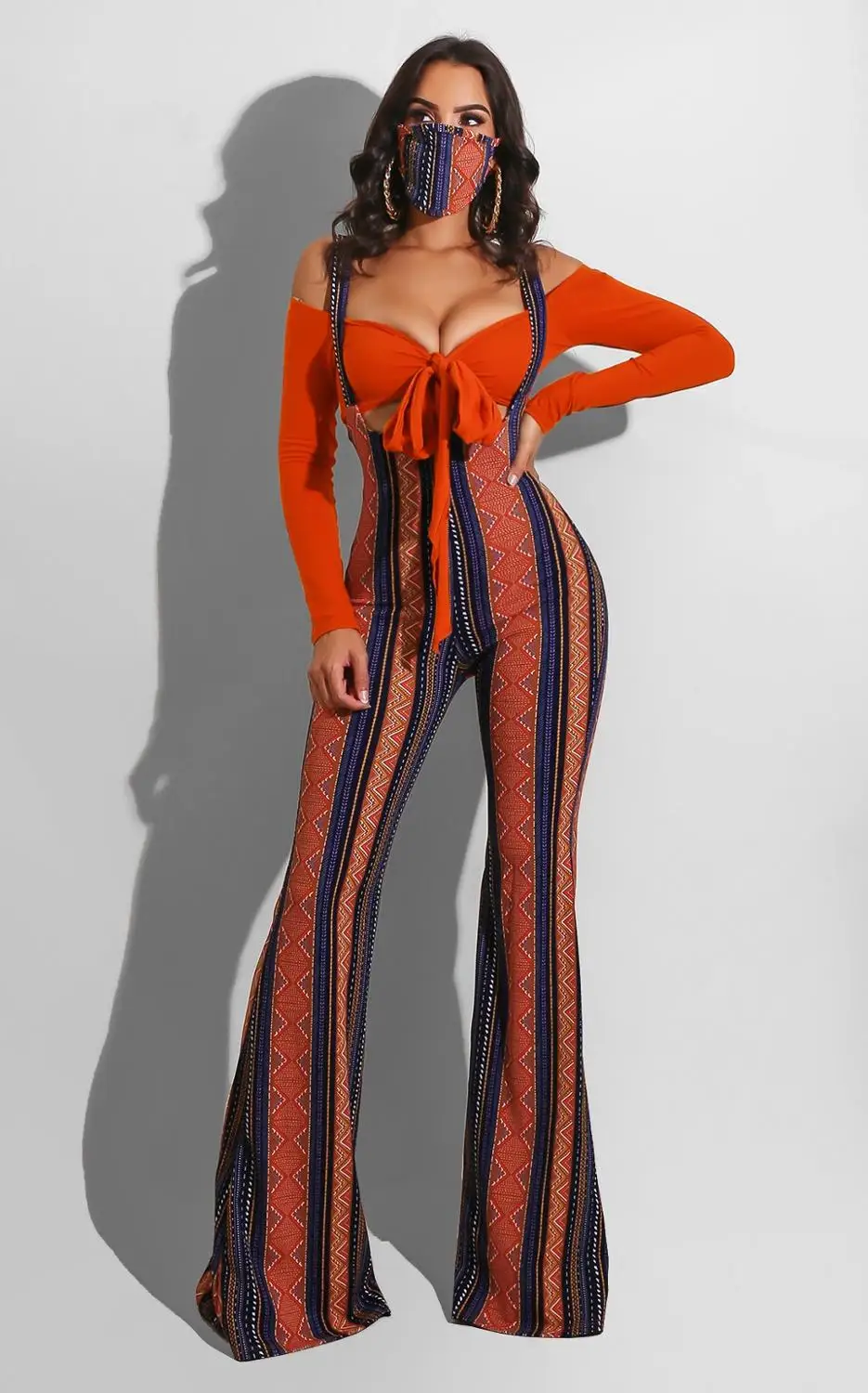 

Deep V Neck Long Sleeve Knit Top Tunic And Check Print Overalls For Women Two Piece Outfits Matching Sets