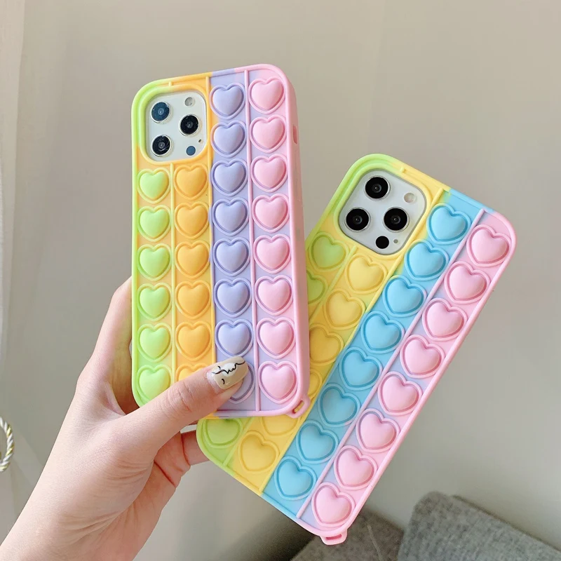 

Relive Stress Phone Case For Iphone 12 11 Pro X XR XS Max 6 7 8 Plus SE 2 Love Heart Pop Toys Push Bubble Soft Silicone Case