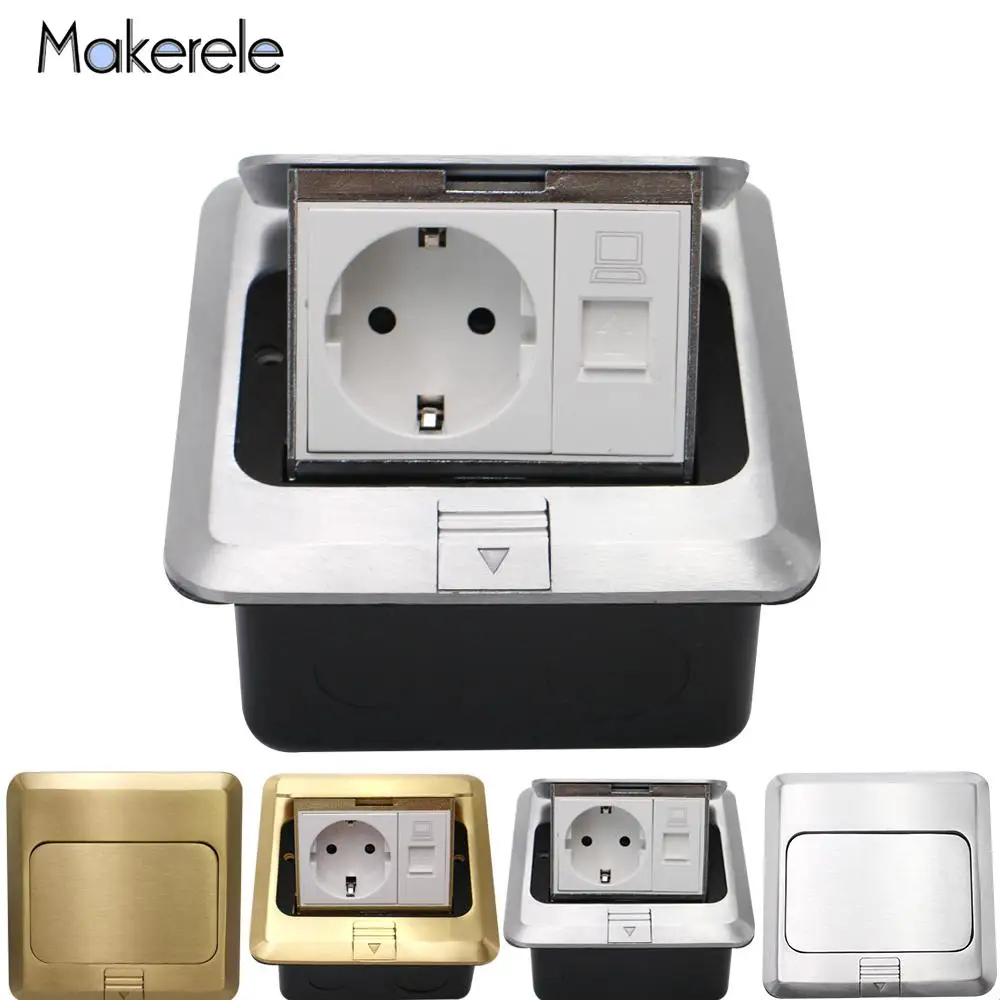 

EU Standard Pop Up Floor Socket RJ45 Data Computer Internet Outlet Sockets 2 Way Electrical Floor Switches Power Outlet CE Plugs