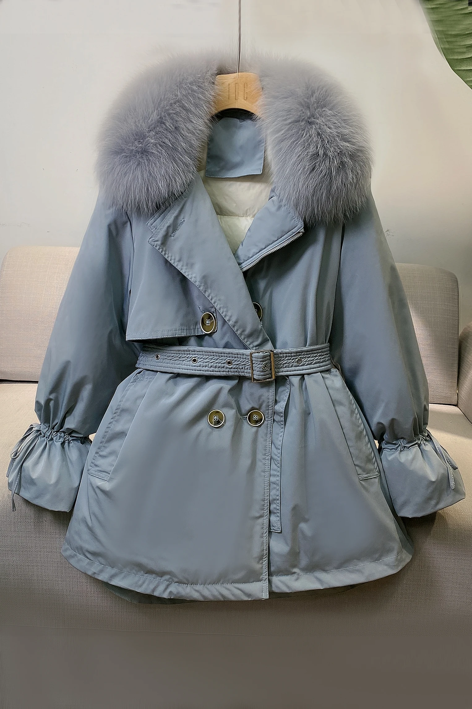 Зимняя двубортная ветрозащитная длинная куртка Женское пальто на белом утином