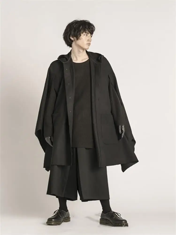 Men's Casual Personalized Wool Coat New Autumn And Winter Tide Cloak Long Loose Hooded Bucket Awning European American | Мужская