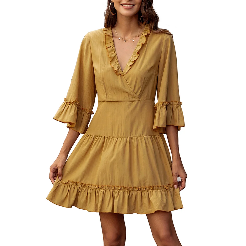 

2021 Women Elegant V-Neck Three Quarter Female Ruffle Swing Dress Ladies Holiday Casual Mini Dresses Vestido