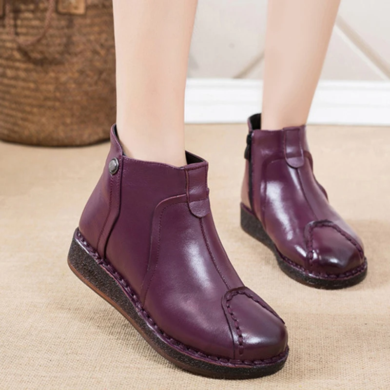 

YAERNI Autumn Genuine Leather Woman Winter Boots Shoes Women Handmade Plush Slip On Ankle Boots For Women Low Heel Zip