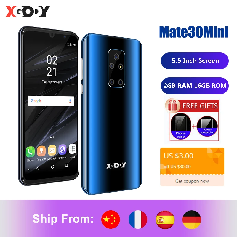 

XGODY Smartphone Android 8.1 5.5 Inch Celular Mate30mini MTK6580 Quad Core 1GB 8GB Dual SIM 5MP Camera WiFi 2500mAh Mobile Phone
