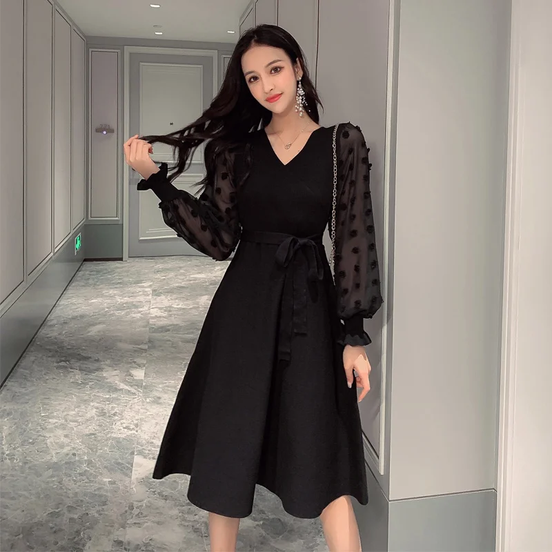 2019 Новое Осеннее винтажное женское платье с длинным рукавом вязаное тонкое