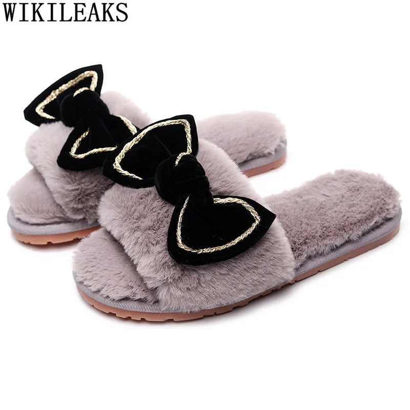 

Black Indoor Slippers for Women Casual Butterfly-knot Fur Slippers Woman Flats Shoes Women Home Slippers Women Vulcanize Shoes