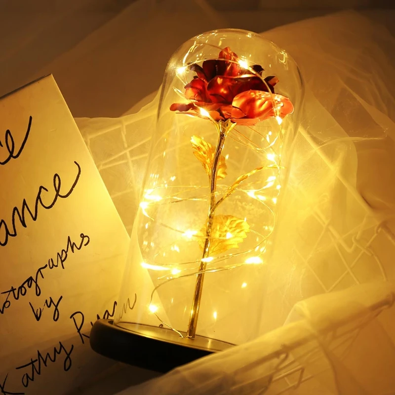 

Enchanted Red Rose in Glass Dome with LED Light Valentine's Day Gift Wedding Anniversary Christmas Decoration