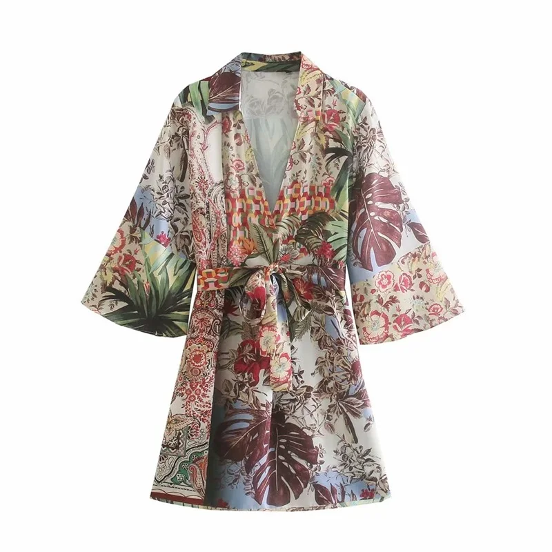 

2021 New Women Fashion Vintage Tropical Floral Print Long Kimono Blouse Casual Summer Bow Sashes Shirt Streetwear
