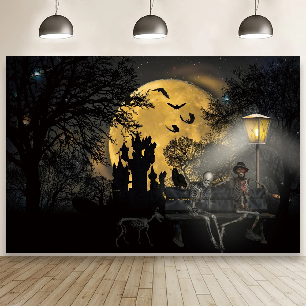 

Full Moon Castle Bats Street Light Background Horror Night Halloween Party Decoration Photography Backdrop Booth Poster