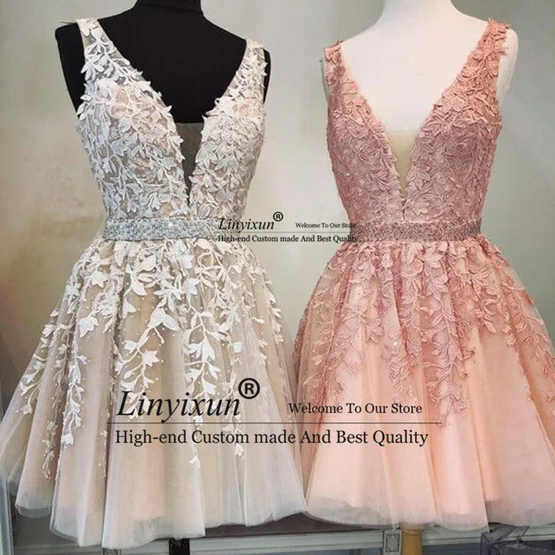 

Hot Sale 2020 Robe Cocktail Dresses Sexy V Neck Lace Applique Crystal Pearl Beaded A Line Shiny Short Elegant Prom Dresses