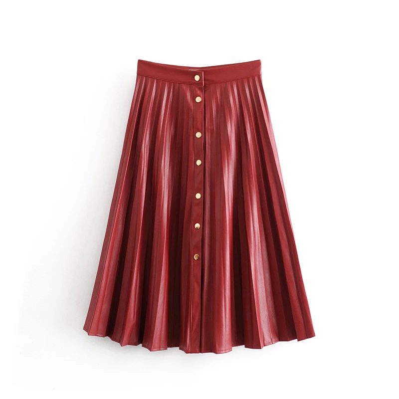 Женская зимняя юбка миди плиссированная винтажная длинная из искусственной кожи