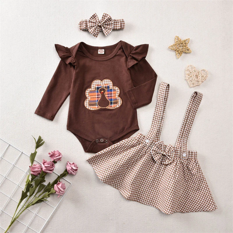 

2021 New Baby Girls Thanksgiving Costumes Infant Kid Clothes Set Cute Cartoon Turkey Tops Bow Plaid Skirts Autumn Spring Outfits