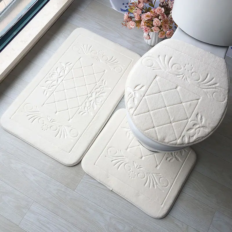 

Three Pieces Of Absorbent Waterproof Floor Mats Flannel Embossed Carpet Bathroom Mat Set Coral Fleece Floor Bath Mats Washable