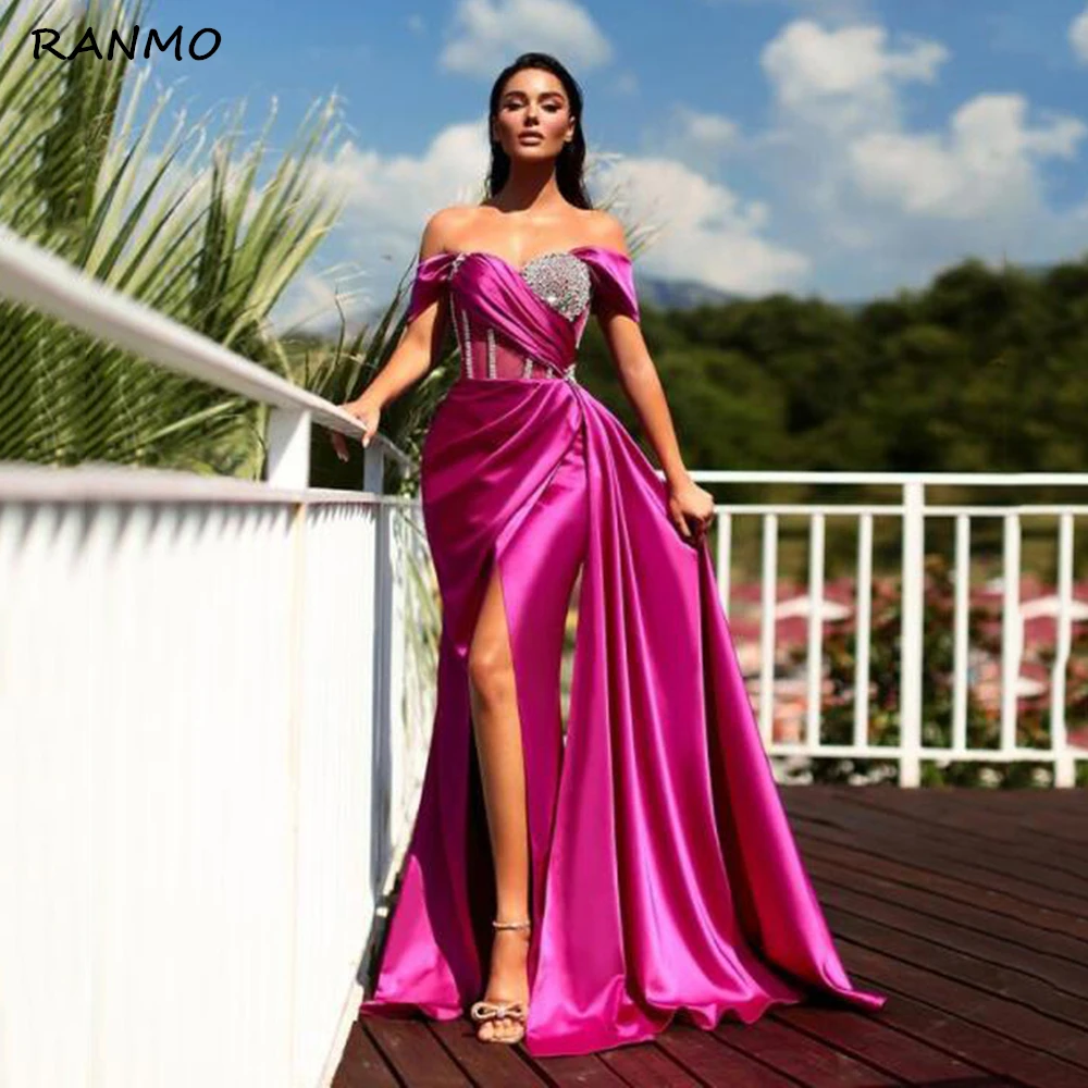 

Formal Evening Dresses Sexy Off Shoulder Soft Satin High Split Prom Dress Long Backless Beadings Party Gowns