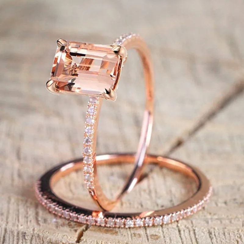

2pcs/set 2020 Classic Luxury Rose Golden Ring Set Square Rhinestone Zircon Wedding Jewelry Rings Engagement For Women