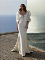 verngo modest mermaid silk wedding dress puff long sleeves sweetheart lace applique sweep train bridal dresses vestido de noiva