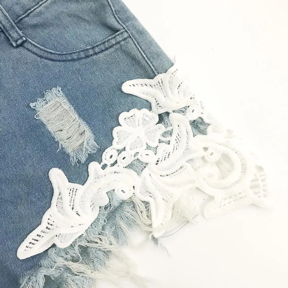 

Sweet Girl Denim Shorts Tassel Appliques Lace Patchwork High Waist Button Zipper Fly Short Women Hollow Out Hole Vestidos