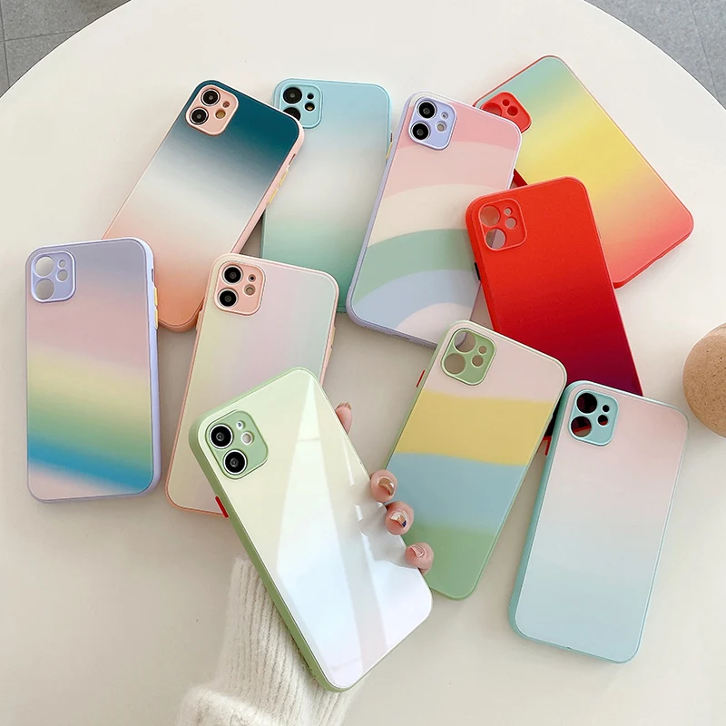 

Чехол из жидкого силикона с закаленным стеклом для iPhone 11 Pro Max 12 Mini XS XR X 7 8 Plus SE 2020 градиентный защитный чехол карамельных цветов