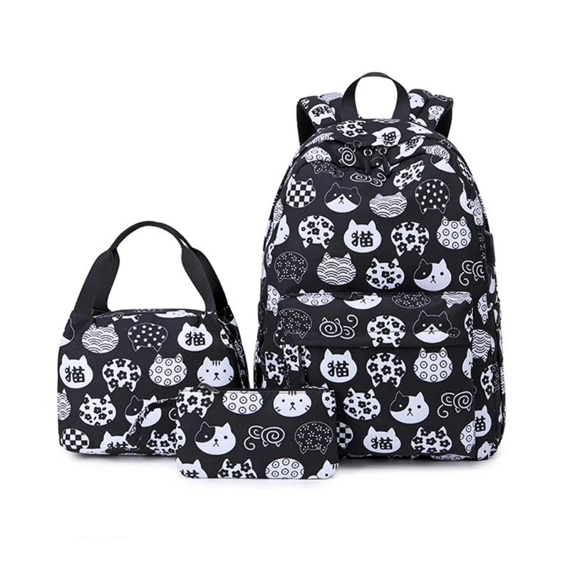 

3 Pcs Cute Cat Print Lightweight Student Schoolbag Water Resistant Kids Backpack