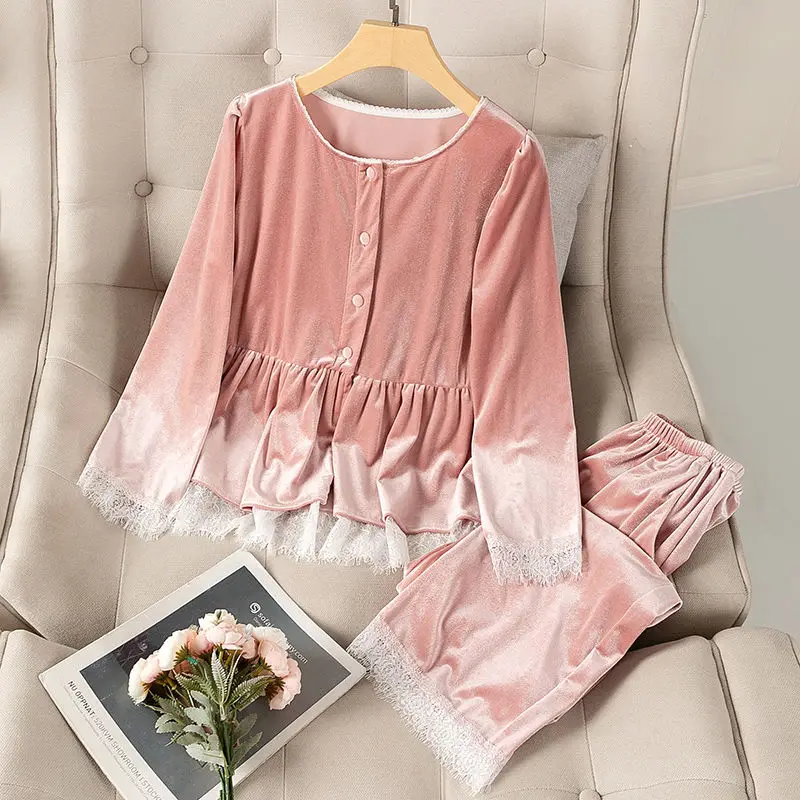 Gold Velvet Pajamas Women's New Winter Sexy Lace Home Service Two-piece Suit Pajama  Set  Sexy Nightwear