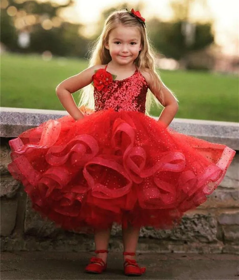 

Red Tutu Girls Pageant Dresses Sequins Puffy First Birthday Dress Organza Flower Girls Dress